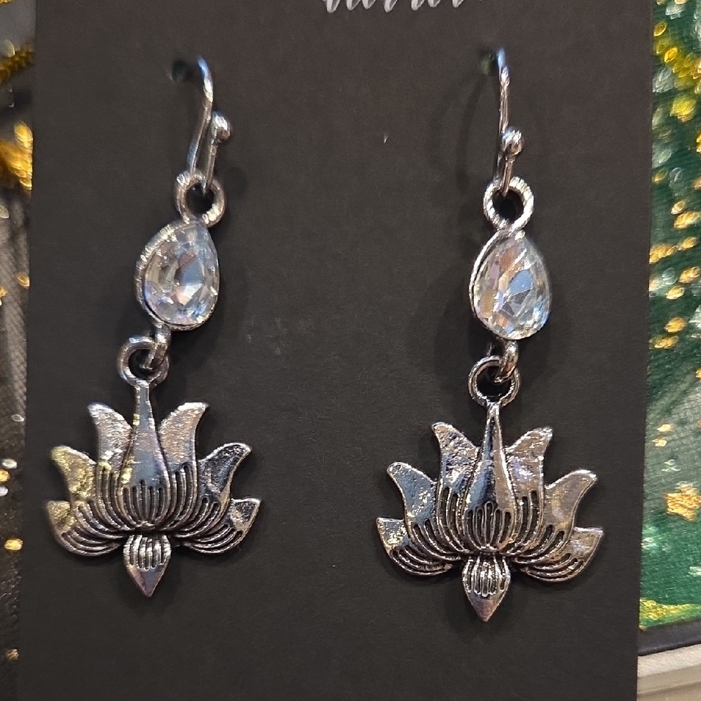 Silver Lotus Drop Earrings